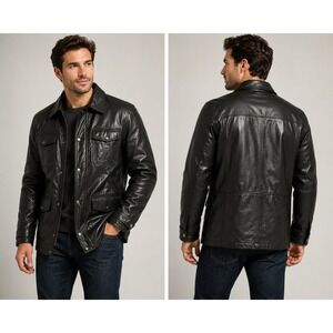 Italian Textile Group Mens Black Faux Leather Field Jacket Quilted Lined Large